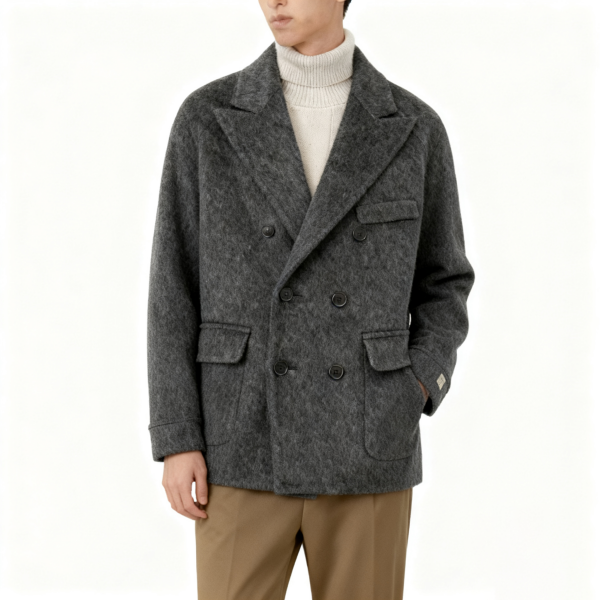 Grey Double-Breasted Wool Blend Coat